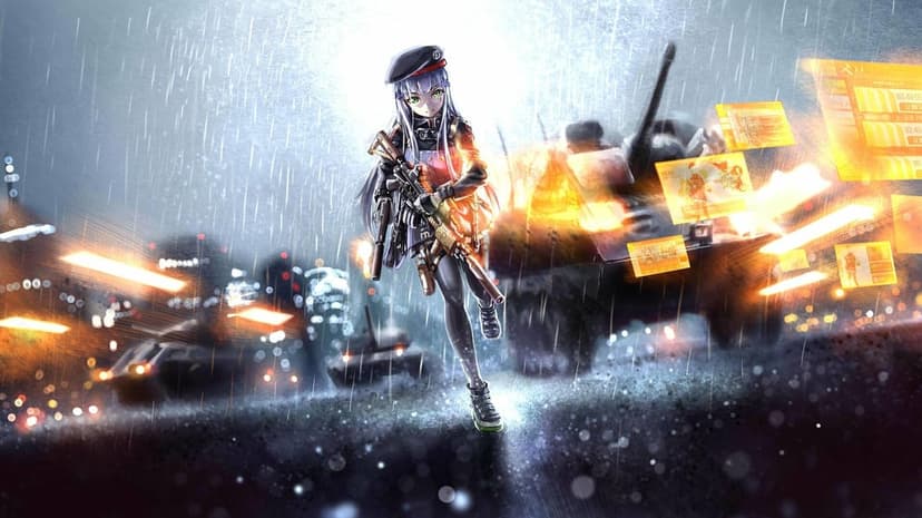Anime girl in tactical gear holding a rifle on a rainy battlefield with tanks and orange digital HUD displays.