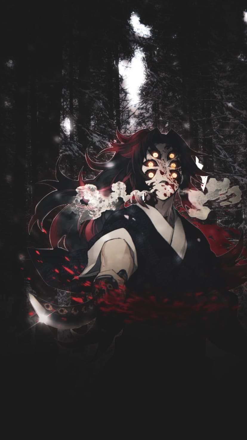 Muzan Kibutsuji with multiple glowing red eyes stands in a dark misty forest with blood red accents and white fog.
