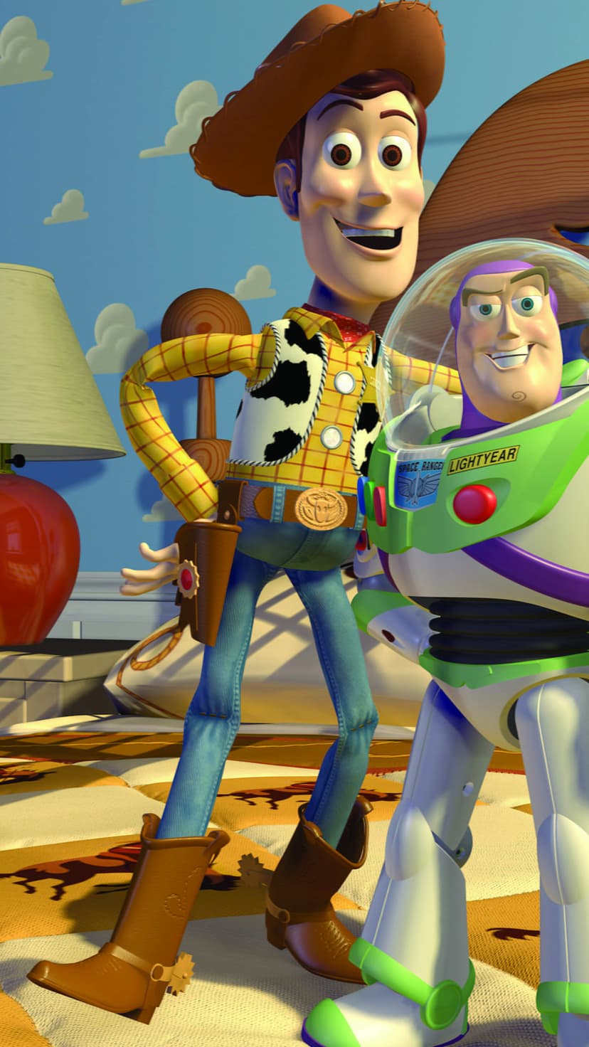 Woody the cowboy and Buzz Lightyear pose against a blue sky cloud backdrop in a detailed Pixar movie scene.
