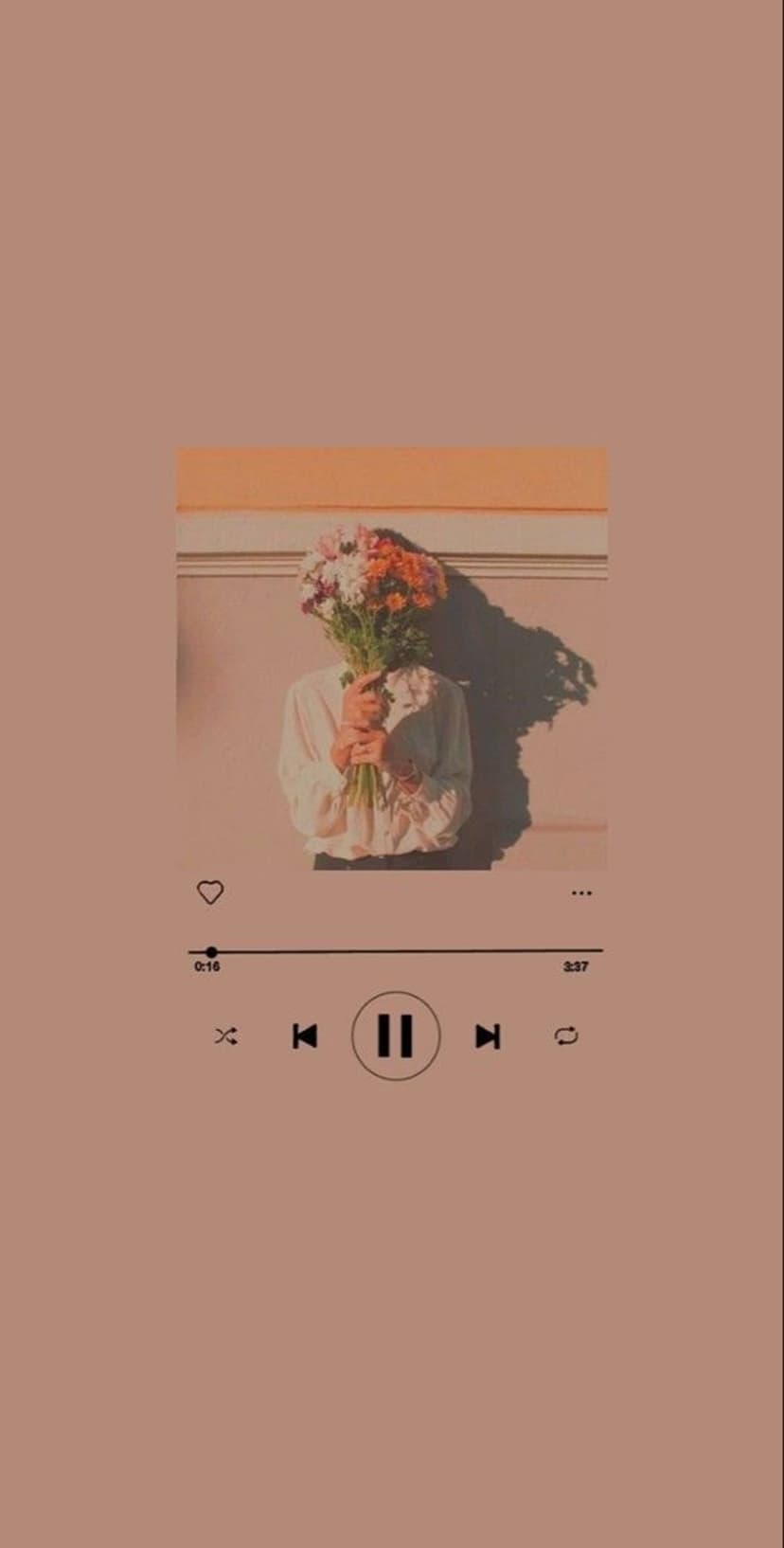 Person holding a bouquet of wildflowers in front of their face with a digital music player UI overlay at the bottom.