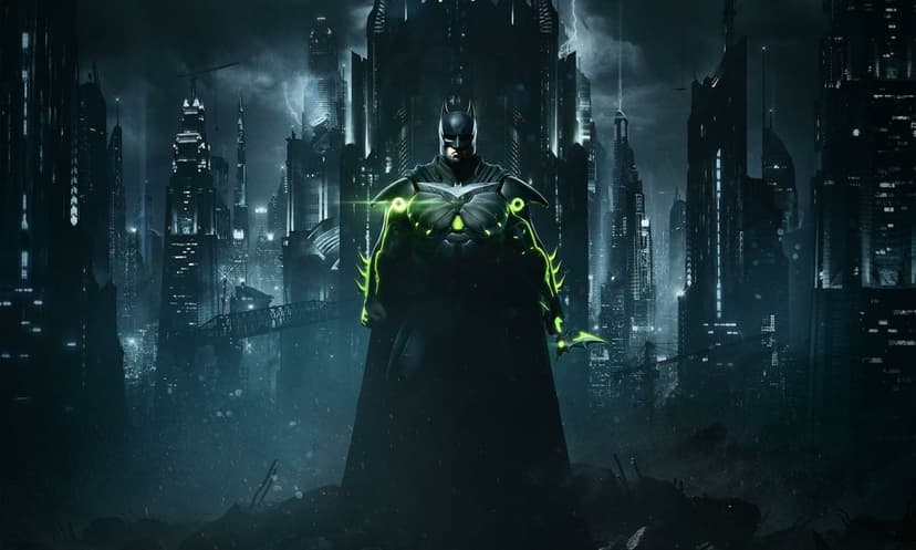 Batman in black armor with glowing green lights stands before a dark, rainy futuristic city skyline at night.