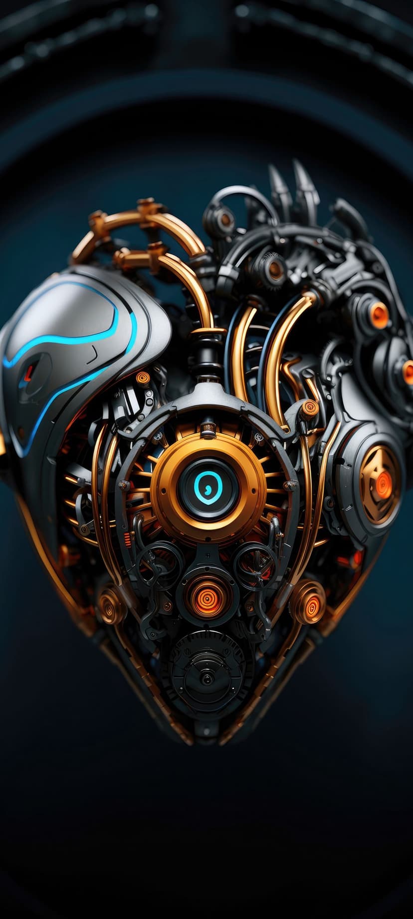 Mechanical heart with interlocking gears and glowing blue and orange tubes against a dark blurred background.