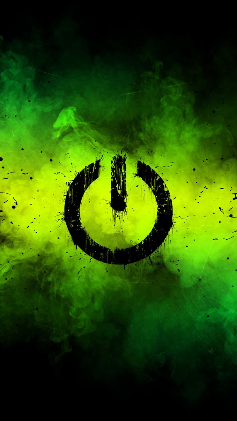 Black power symbol with paint splatters against a swirling background of bright green and dark black smoke.