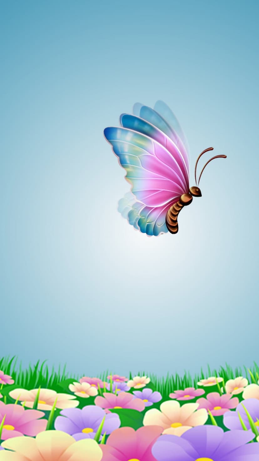 Shimmering butterfly with pink and blue wings hovers over pastel flowers in a green meadow under a blue sky.