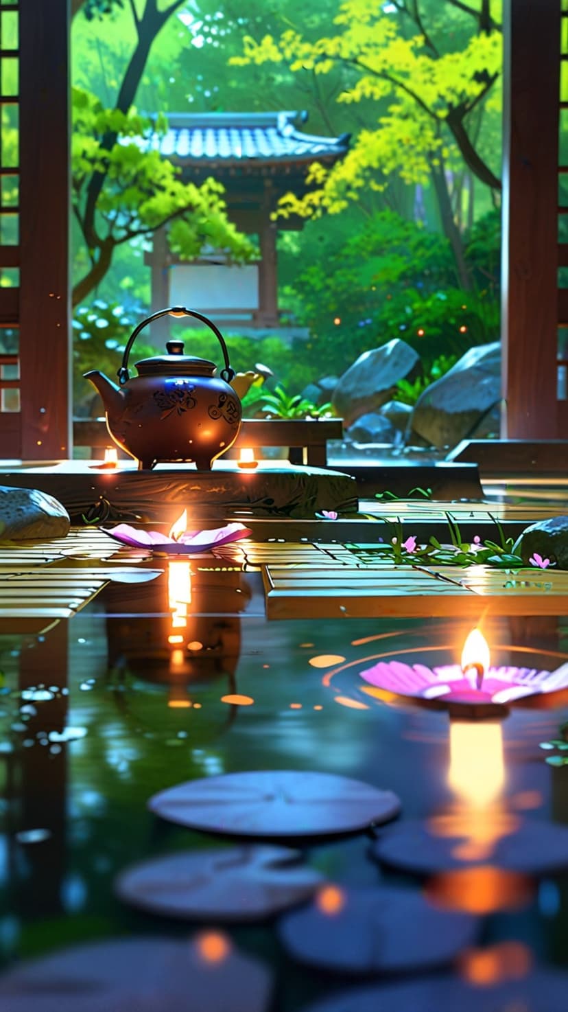 Clay teapot on a wooden ledge overlooks floating pink lotus candles and a distant pagoda in a night garden.