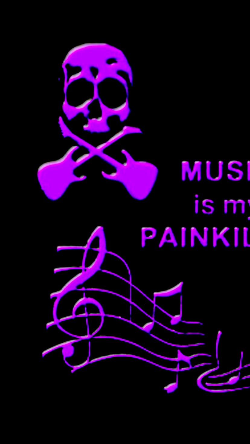 Purple skull centered between two crossed guitars and musical notes on a black background with gothic text.