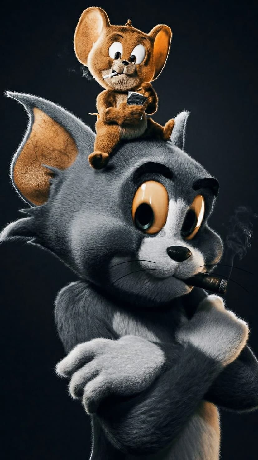 Tom the cat smokes a cigar while Jerry sits on his head smoking, set against a dark, minimalist background.