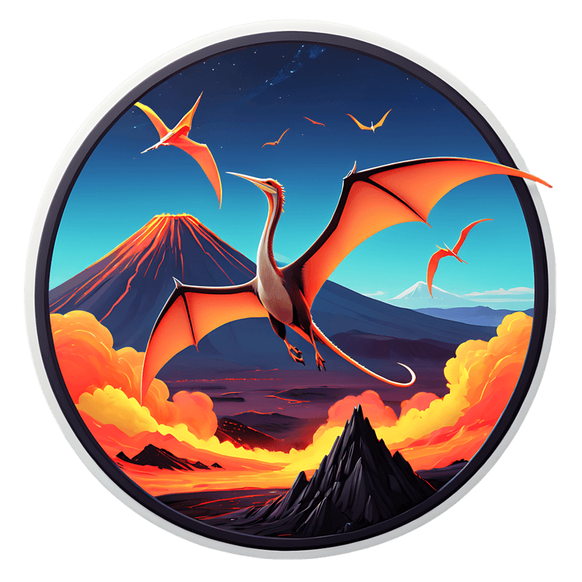 Orange pterosaur flying over a glowing volcano with red lava and a starry blue night sky in a circular frame.