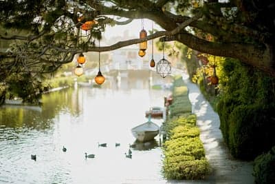Venice Canal Scene with Hanging Lanterns and Boats