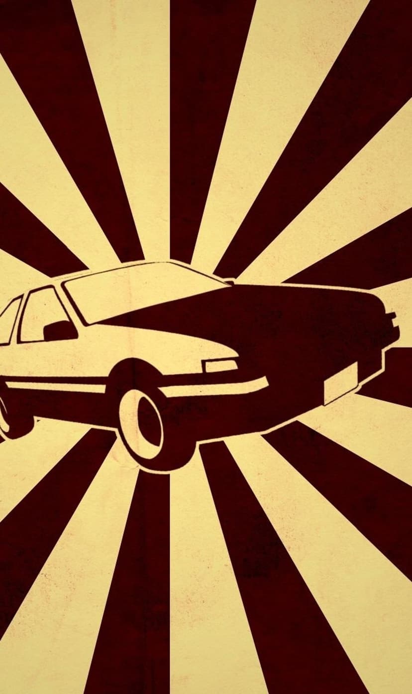 Classic sports car silhouette positioned before a radiating yellow and maroon sunburst with clean lines.