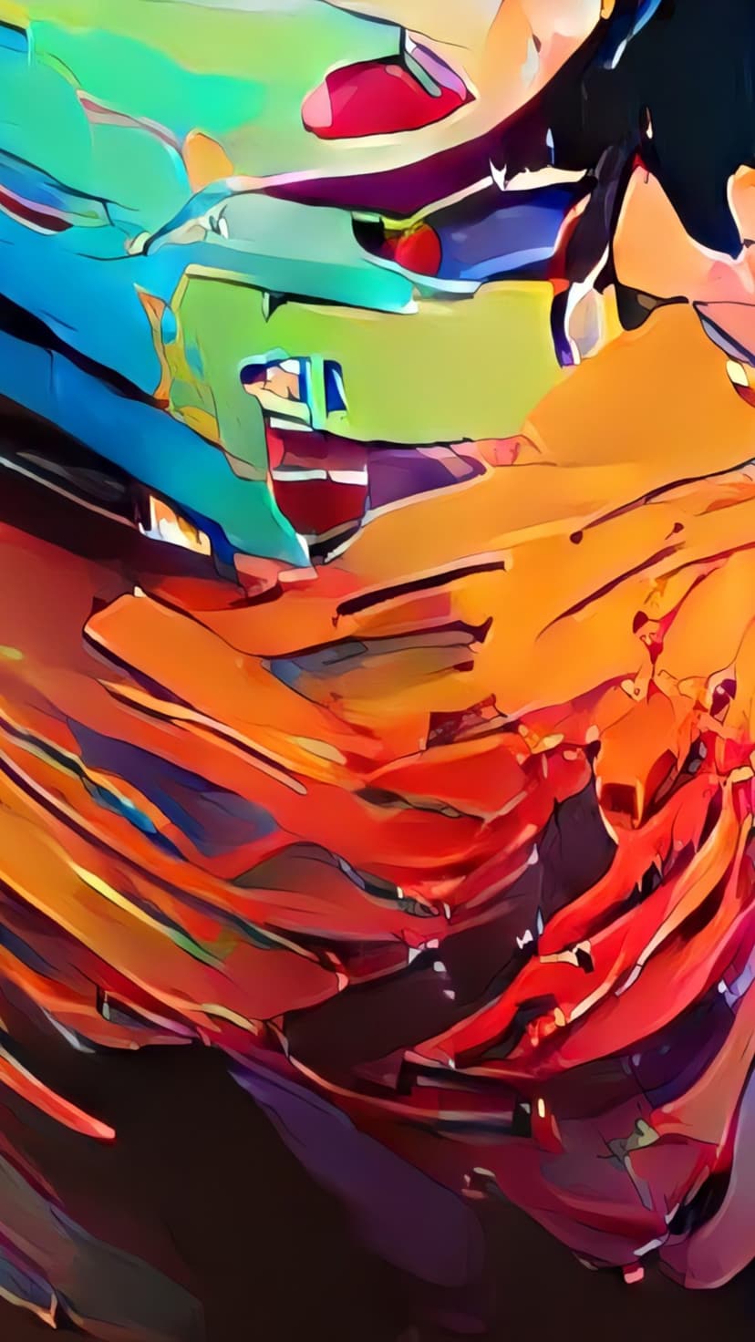 Saturated blue, green, and orange paint splatters explode in a high-contrast vertical abstract arrangement.