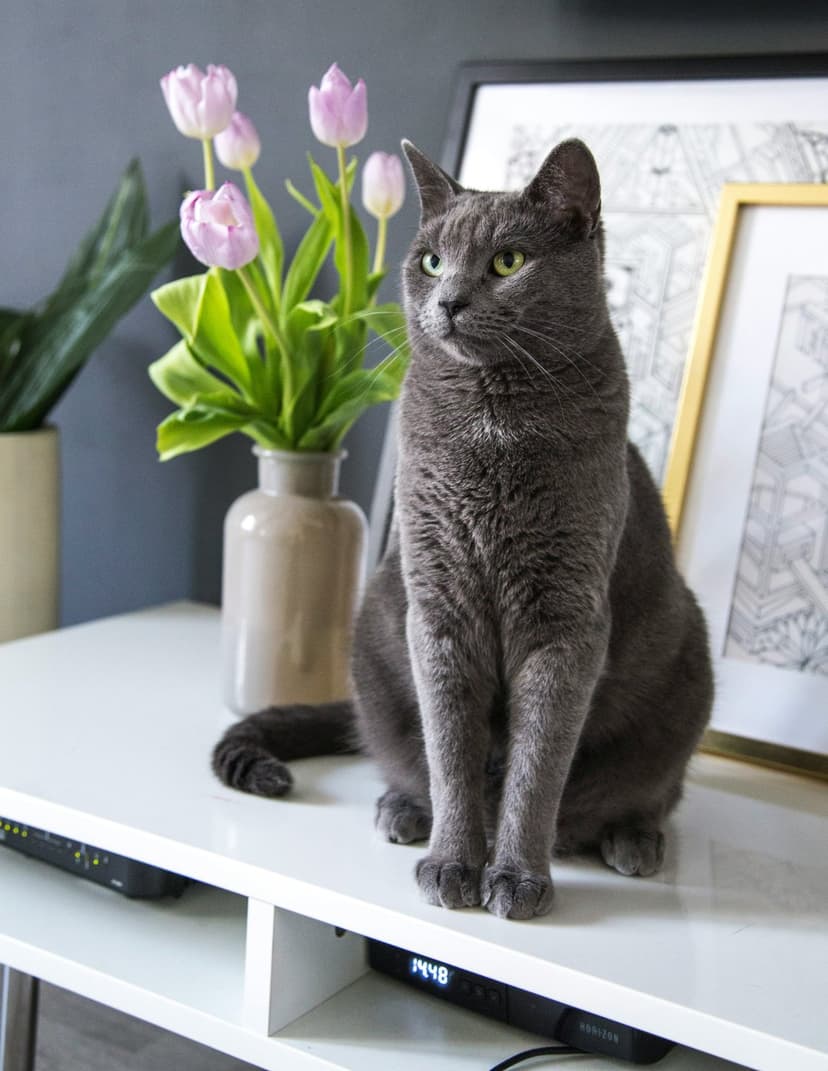 Sleek gray cat with green eyes sits beside pale pink tulips on a white shelf in a modern minimalist room.