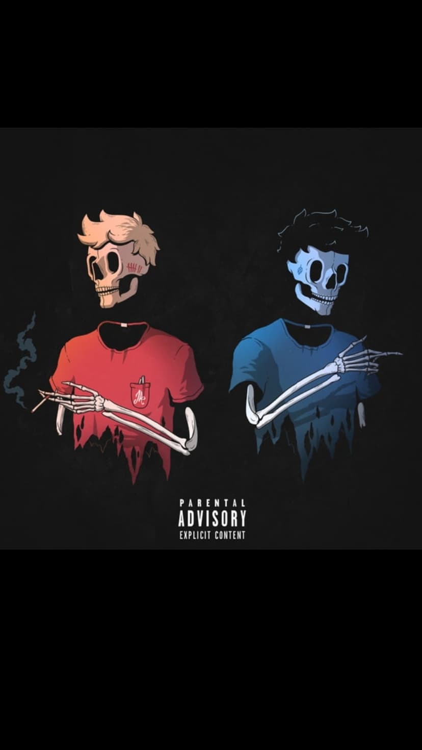 Two skeletons wearing red and blue shirts stand against a black background with an advisory label at the bottom.