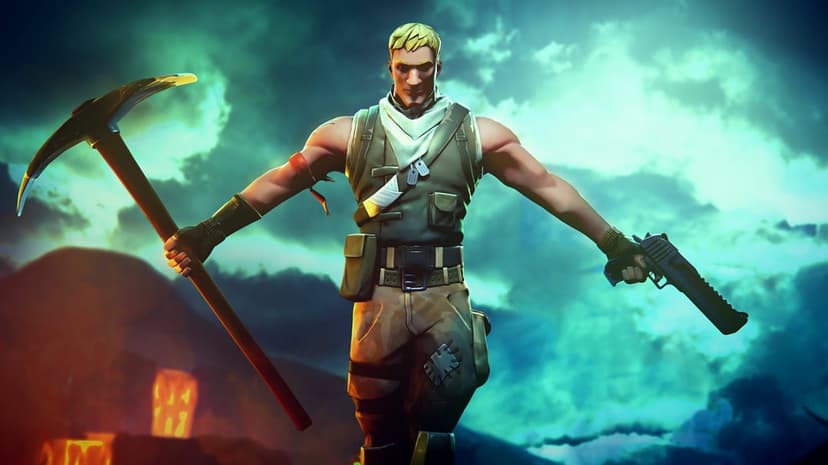 Jonesy from Fortnite holding a pickaxe and pistol in a heroic stance with a volcanic background.