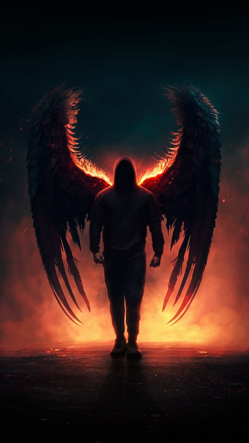 Hooded shadow figure with massive black angel wings outlined in glowing orange embers against a smoky background.
