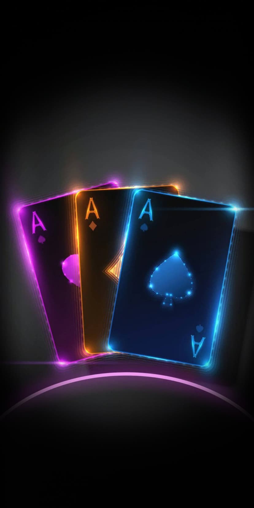Three Ace of Spades cards with glowing neon borders in purple, orange, and blue against a dark smoky background.