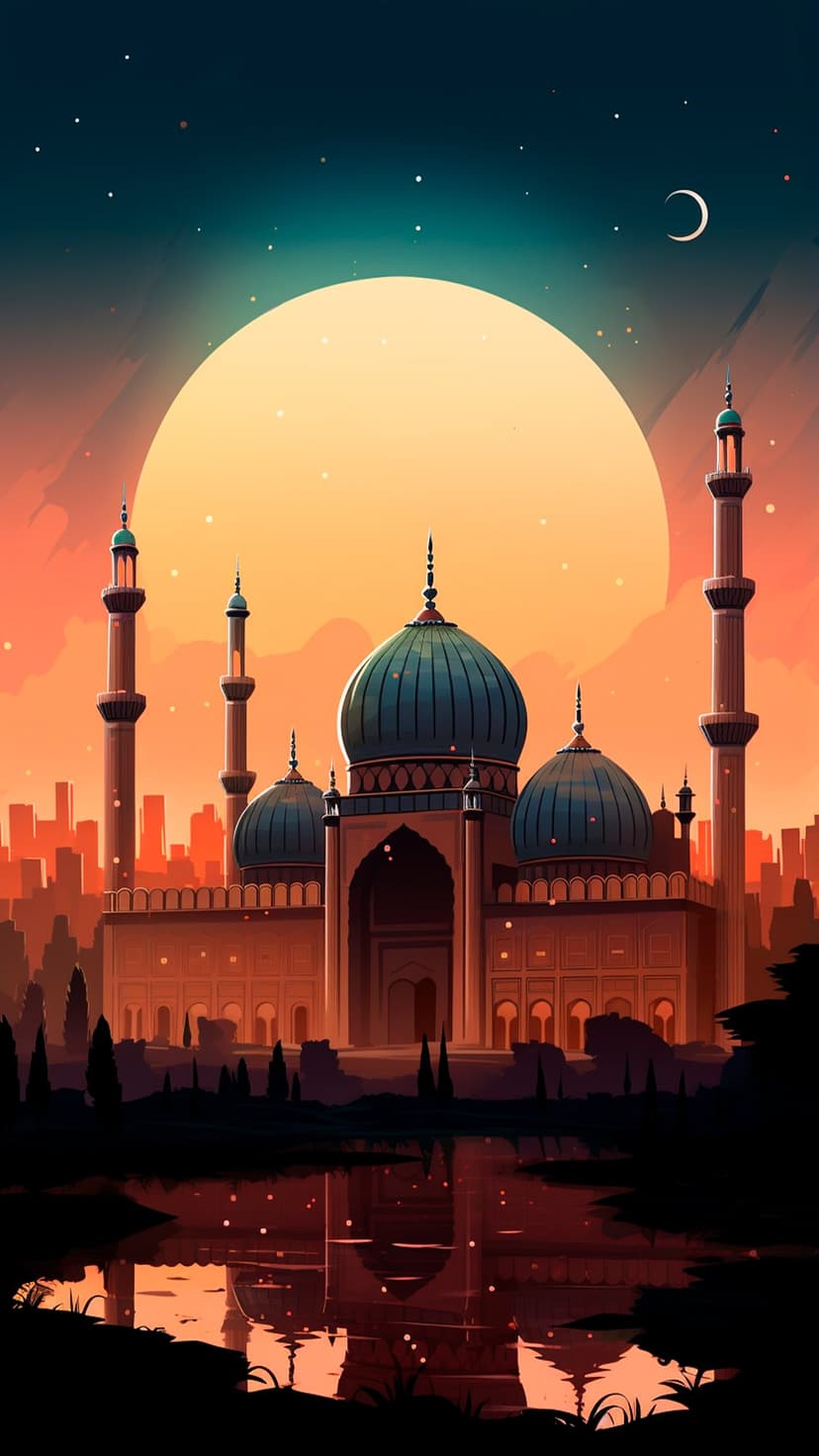 Mosque minarets and domes silhouetted against an orange sunset sky with a crescent moon and water reflection.