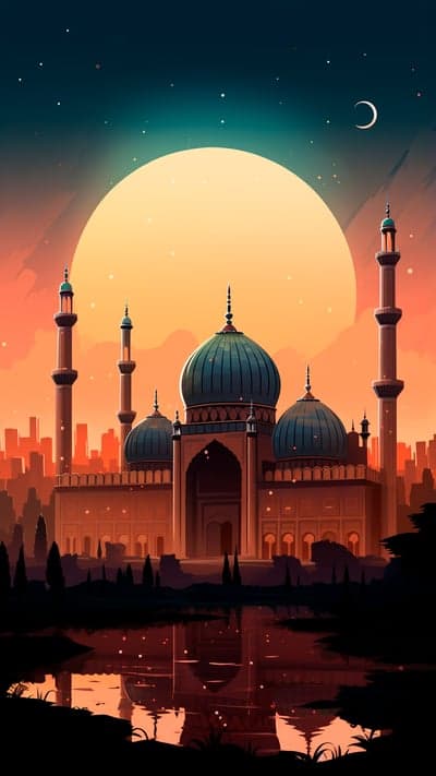 Sunset Mosque Silhouette and Crescent Moon Phone Wallpaper
