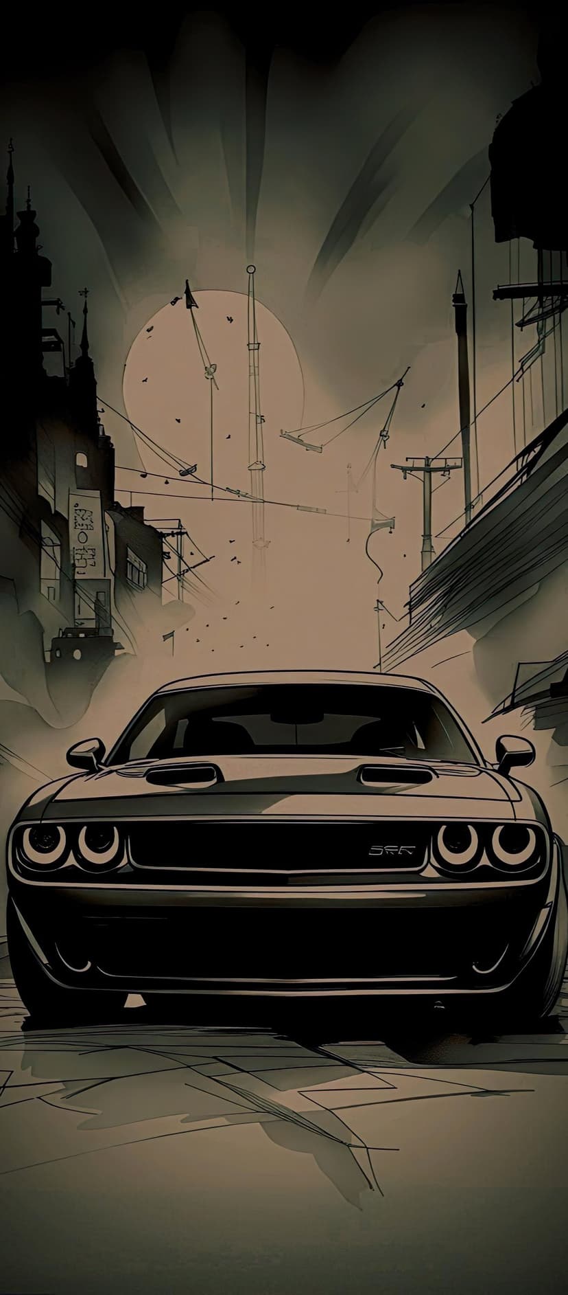 Black Dodge Challenger SRT parked in a sepia industrial cityscape with a large full moon in the dark sky.