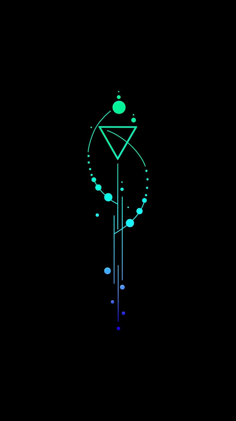 Neon green triangle with cascading teal and blue dots on a pitch-black background for mobile phone screens.