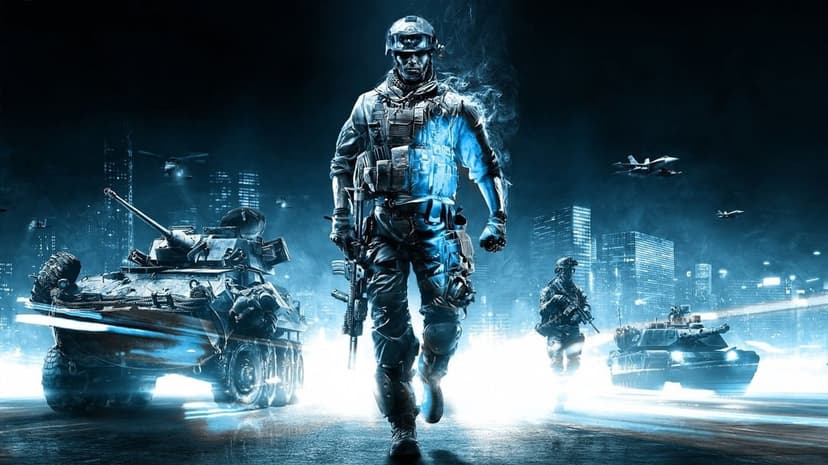Soldier walking forward between a tank and armored vehicle in a glowing blue-toned urban war zone at night.