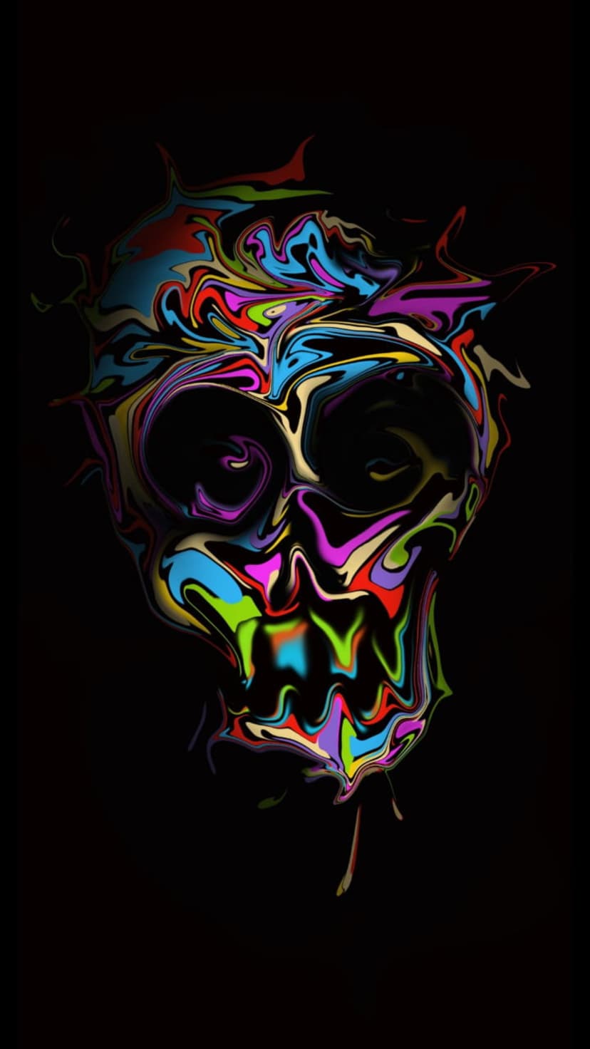 Human skull dissolving into vibrant swirls of neon red, purple, and blue liquid against a solid black background.
