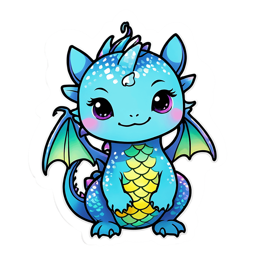Teal dragon clipart illustration showing glossy scales, yellow belly plates, and purple eyes in a front view.