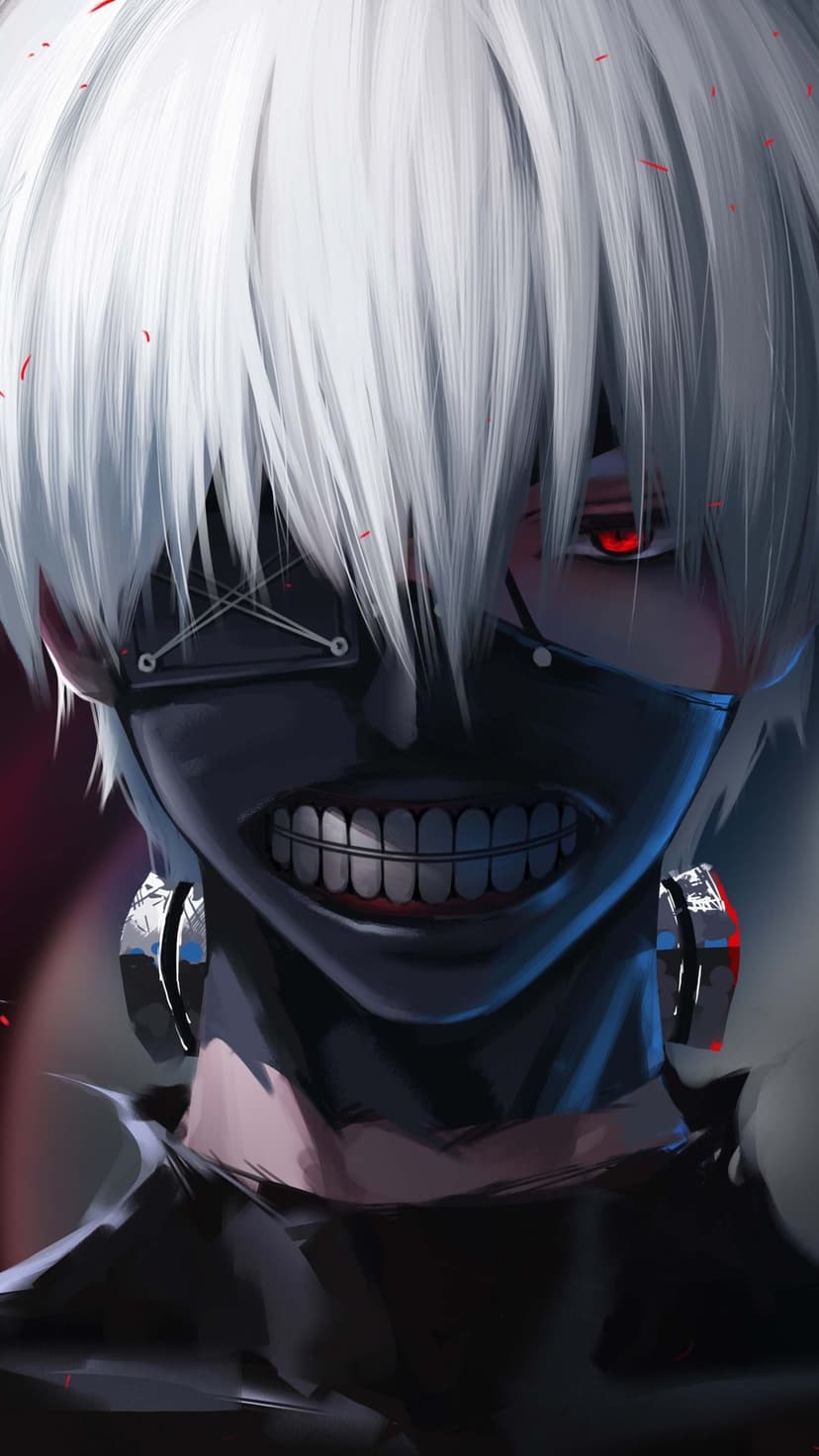 Kaneki Ken with white hair wearing a black leather mask and displaying a singular glowing red ghoul eye.