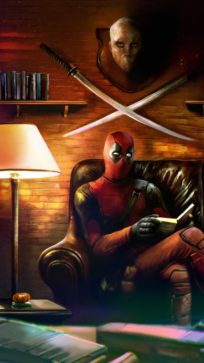 Deadpool reading a book in a leather chair with crossed swords on a bookshelf against a brick wall background.