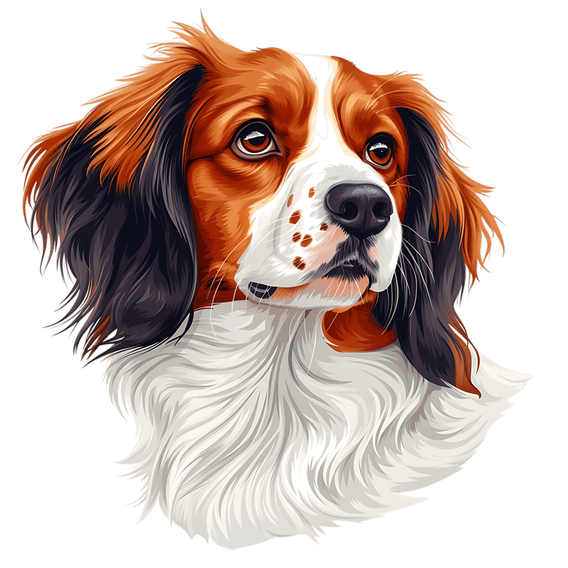 Kooikerhondje dog illustration showing tri-color orange and white fur with feathered ears and expressive dark eyes.