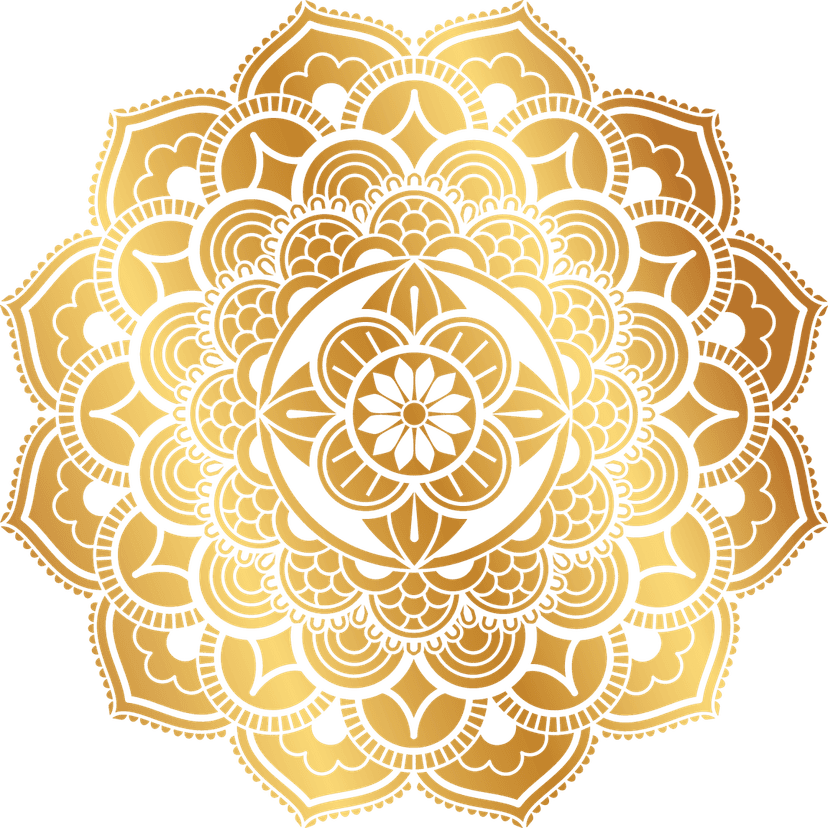 Symmetrical gold mandala sticker displays intricate metallic filigree and radial geometric patterns.