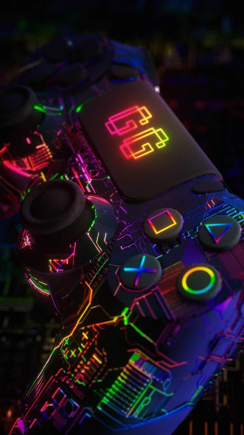 Black game controller with rainbow neon circuitry glowing around analog sticks and square triangle circle buttons.
