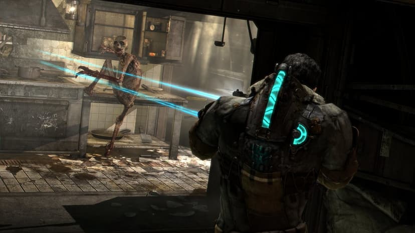 Isaac Clarke from Dead Space aims a laser-guided weapon at a Necromorph in a dark, grimy kitchen interior.