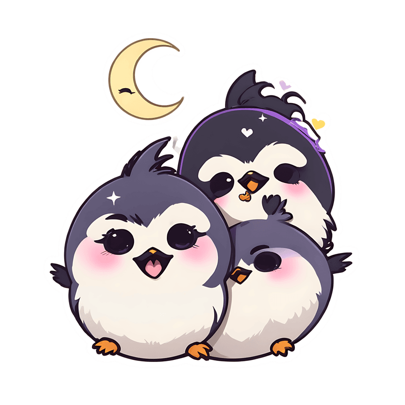 Stacked penguin sticker featuring three characters under a yellow crescent moon with a thick white border outline.