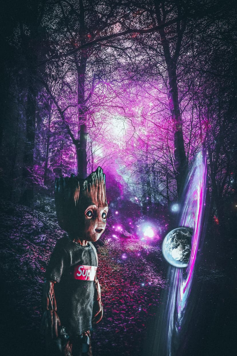 Baby Groot in a white shirt gazes at a purple galaxy portal and planet within a glowing enchanted forest.