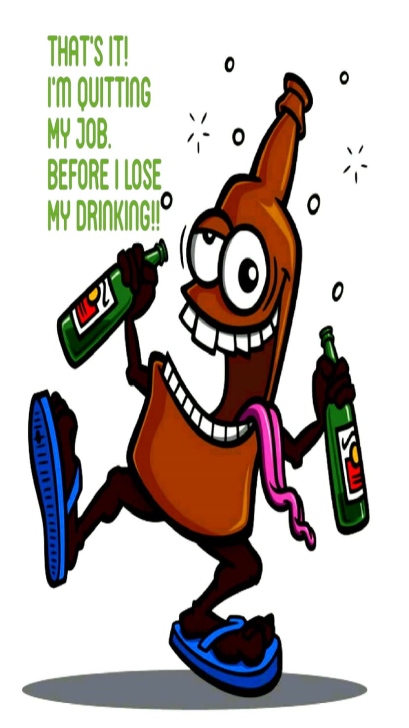 Drunk brown bottle character wearing flip-flops and holding beer bottles while shouting a quitting message.