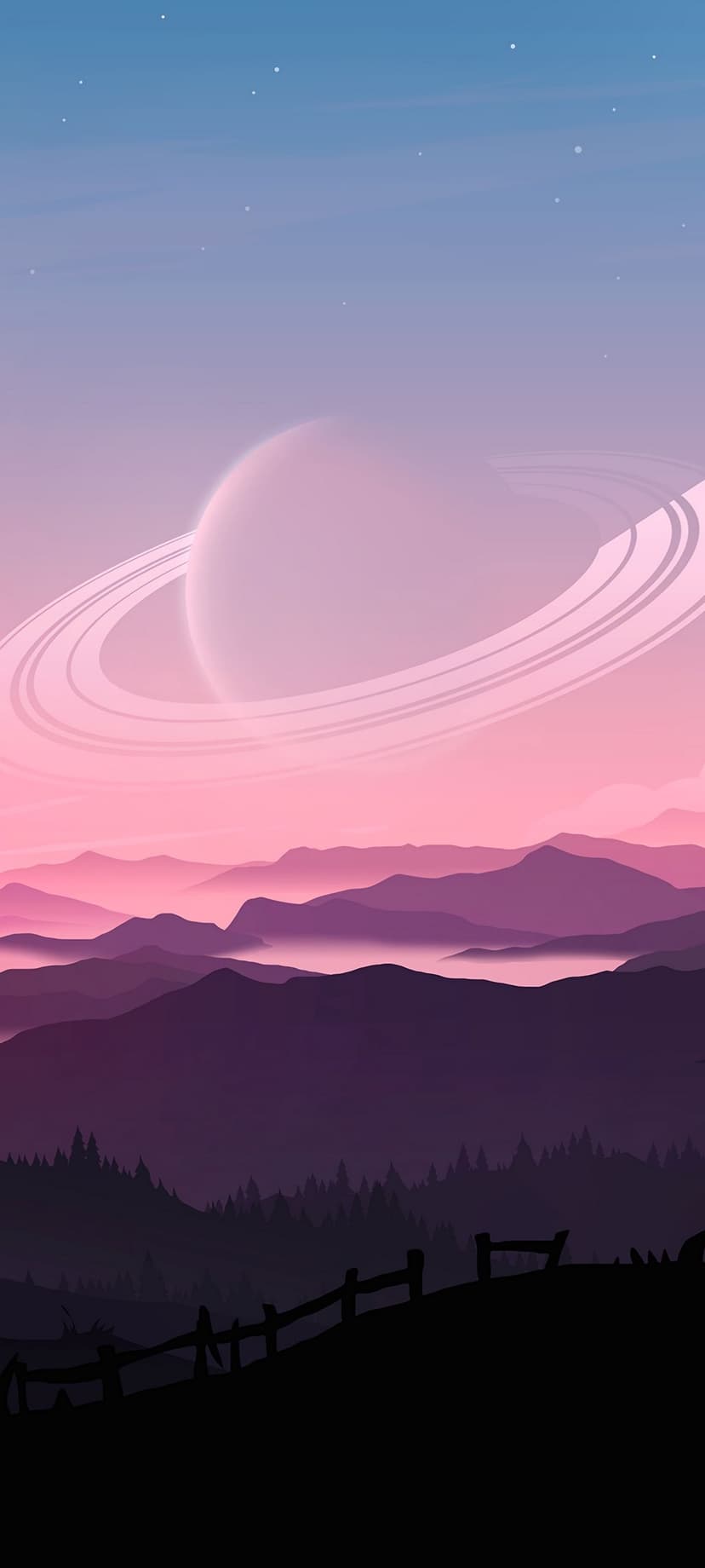 Giant pink ringed planet floats above hazy purple mountains and a silhouetted fence under a starry night sky.