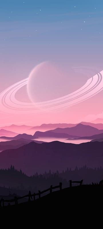Pink Saturn rings over purple mountains and starry sky