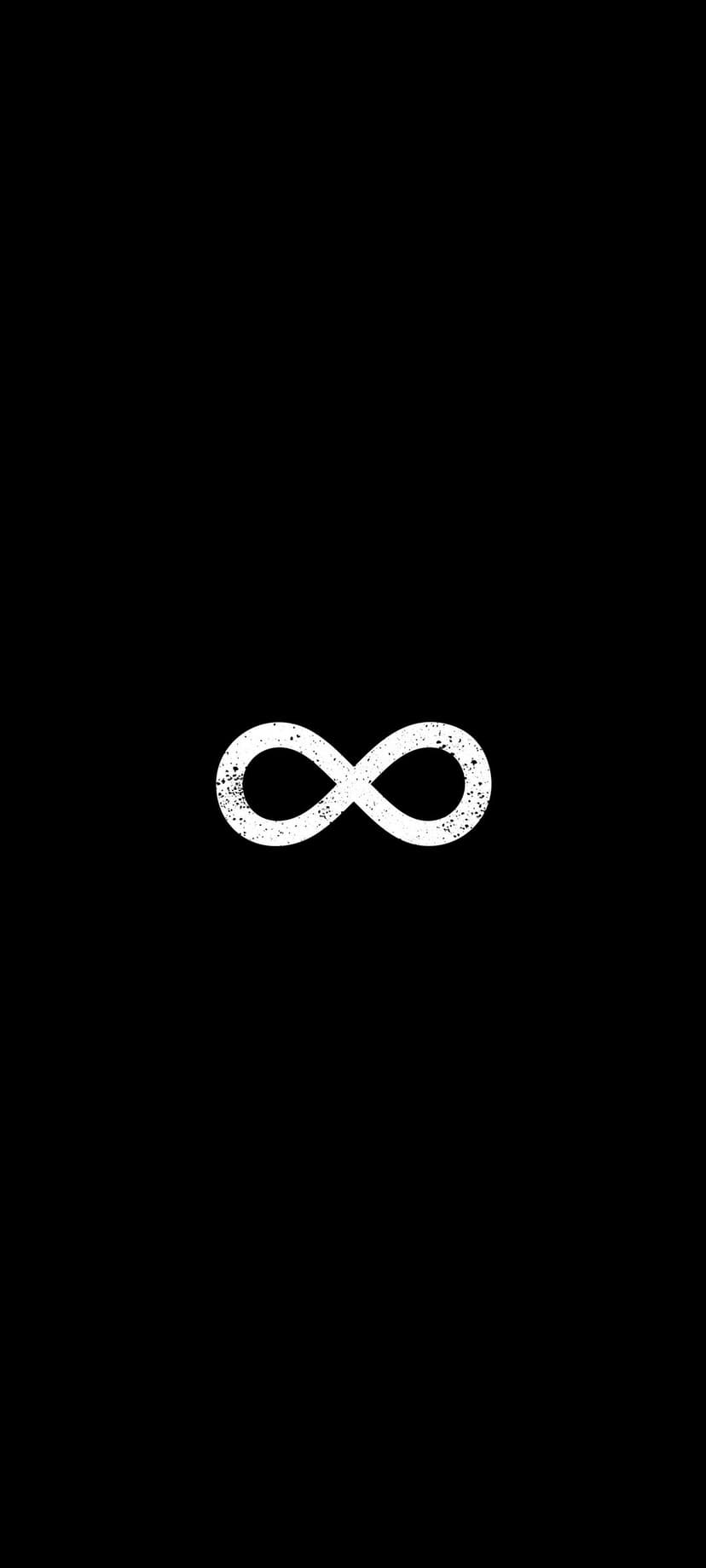 White infinity symbol with a weathered texture centered against a solid black background in a vertical format.