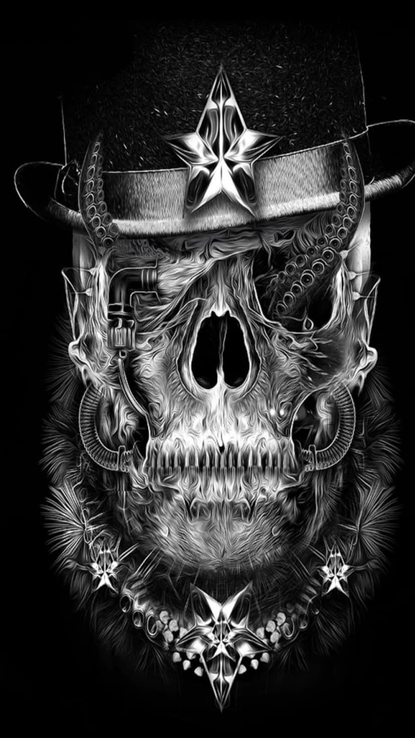 Steampunk skull with mechanical gears and a top hat featuring a star and tentacles against a black backdrop.