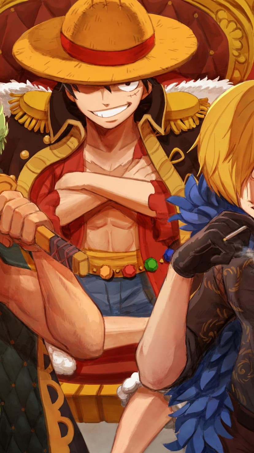 Monkey D. Luffy and Sanji pose together, featuring a straw hat, blonde hair, and blue feather accents.