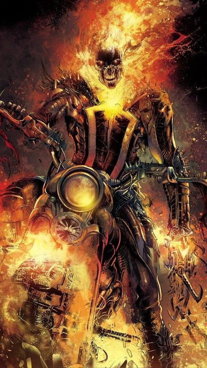 Ghost Rider with a flaming skull rides a mechanical motorcycle engulfed in orange fire and dark hellish smoke.