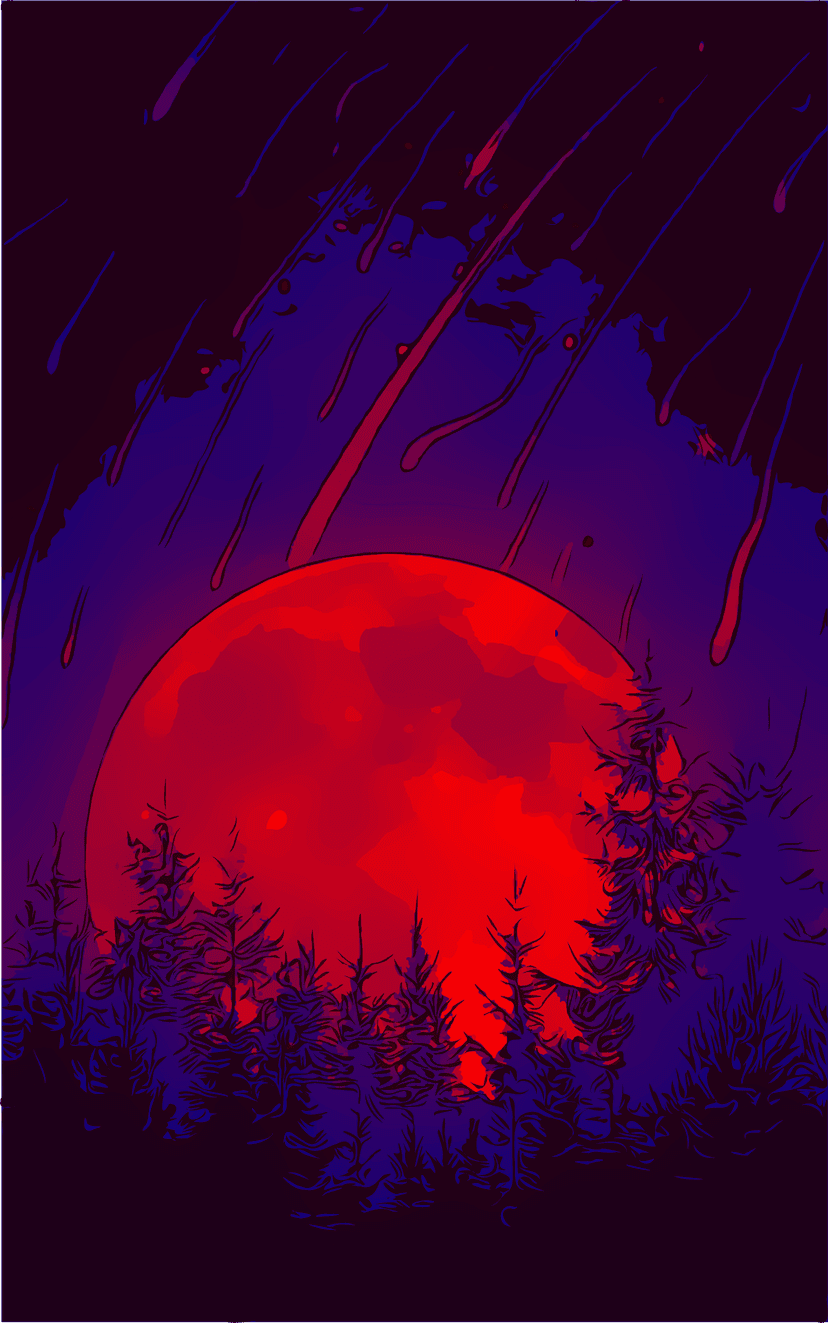 Massive red moon partially hidden by dark jagged pine tree silhouettes with purple and red light streaks above.