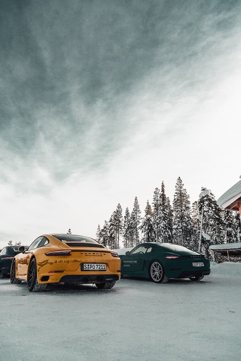 Three Porsche sports cars in yellow and green sit on a snow-covered path surrounded by a dense pine forest.