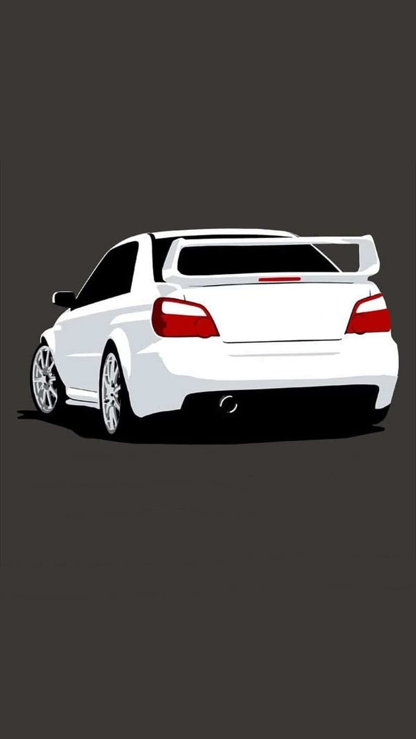 White Subaru WRX STI with a large rear spoiler and dual exhausts centered on a dark gray minimalist background.