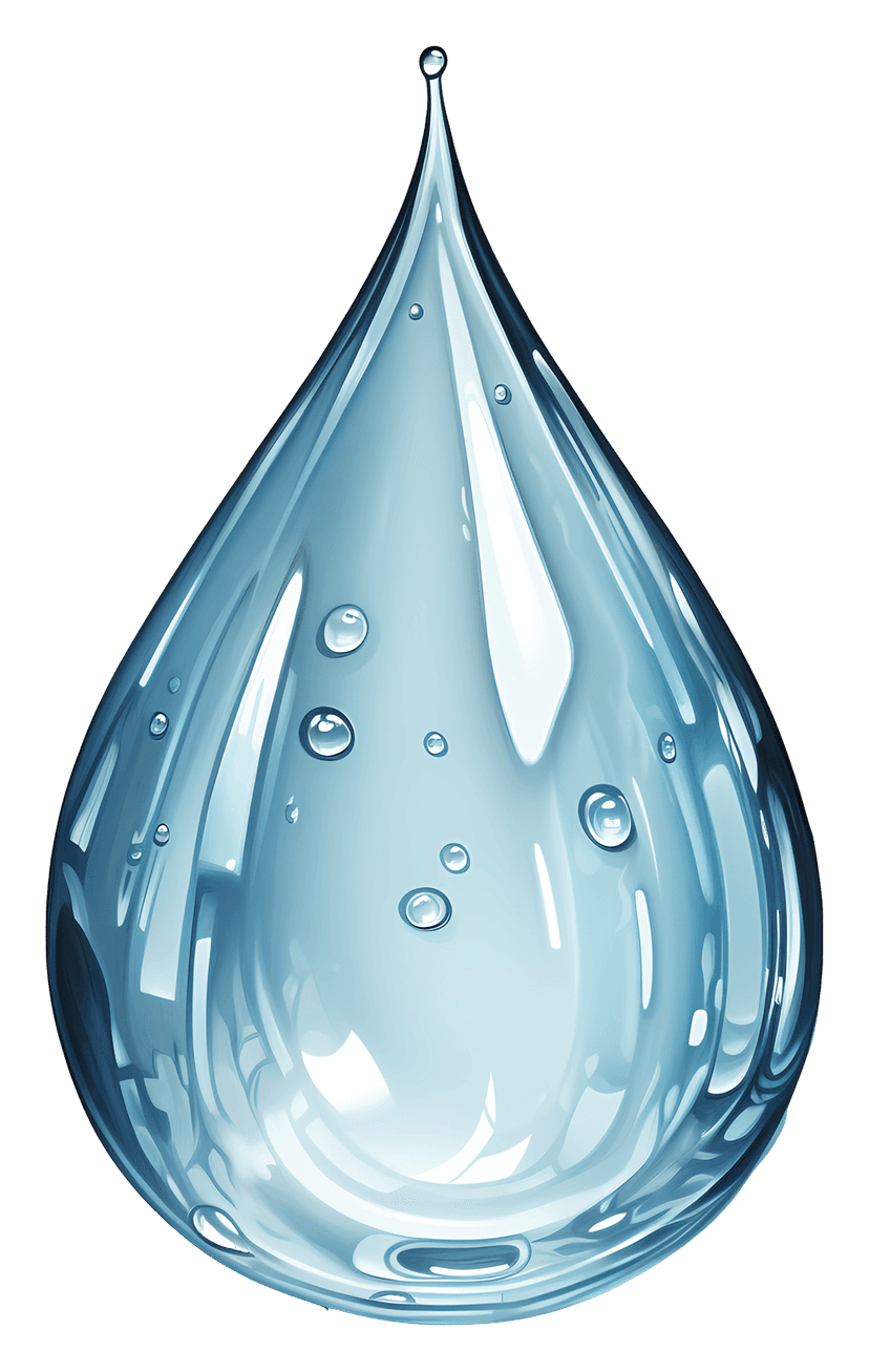 Realistic blue water droplet illustration featuring soft watercolor textures and transparent liquid gradients.