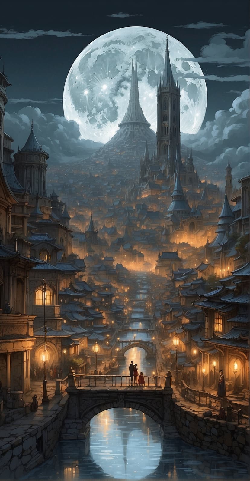 Two silhouetted figures stand on a stone bridge over a moonlit canal surrounded by glowing fantasy buildings.