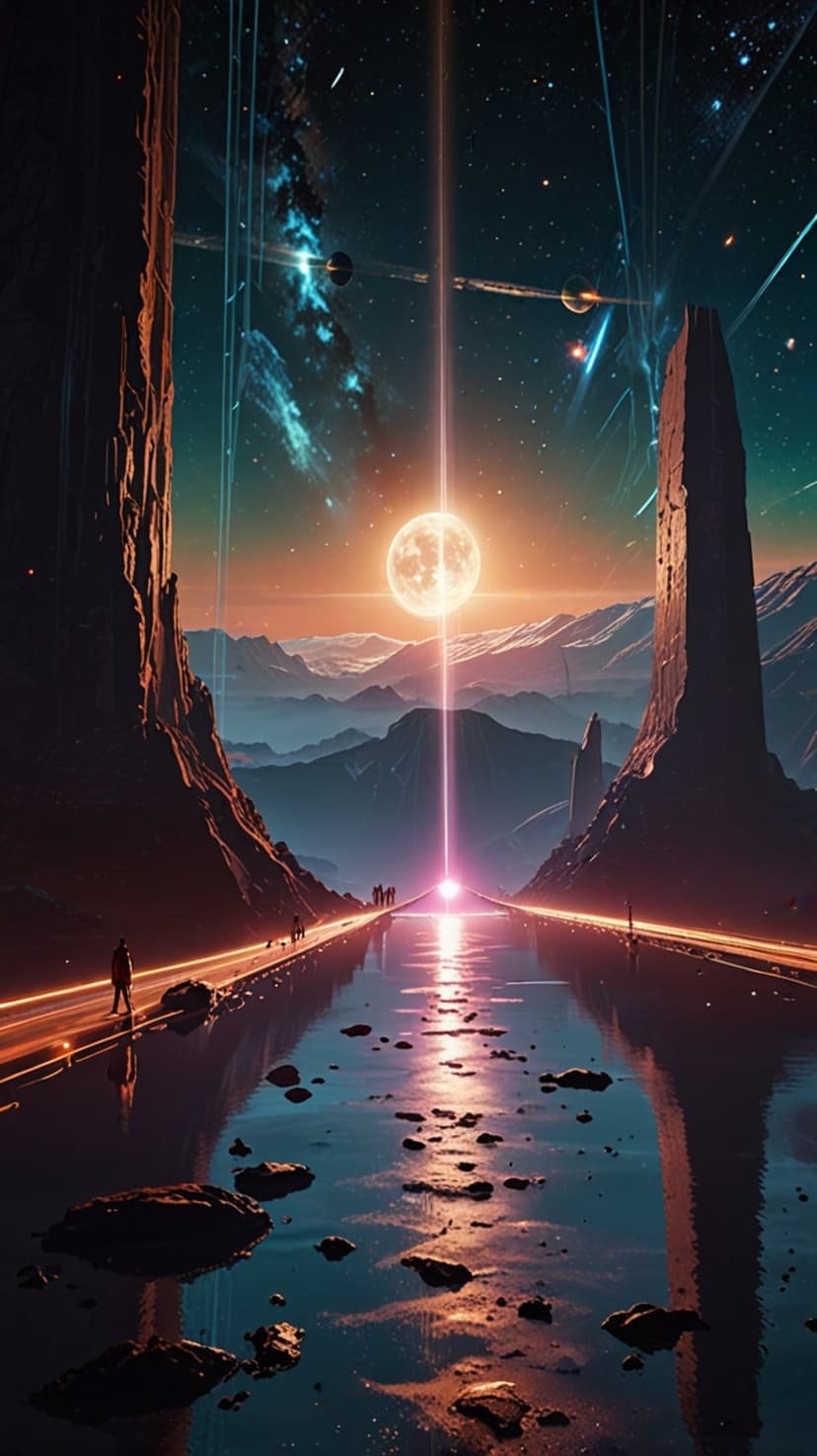 Giant stone pillars flank a luminous moon casting a vertical beam onto a shimmering lake under a starry nebula.