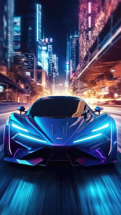 Futuristic Blue Sports Car Speeding Through Neon City