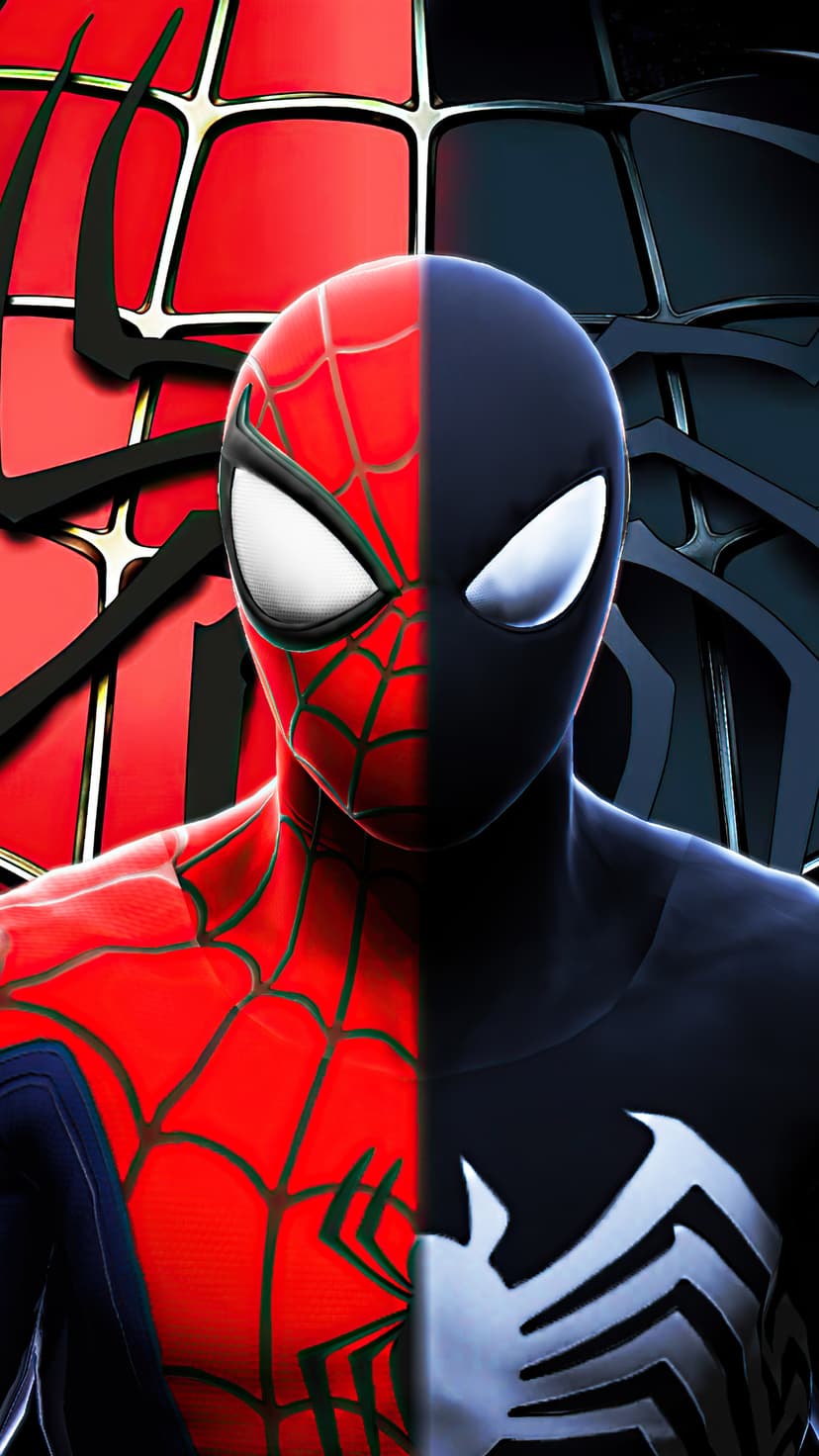 Spider-Man's red mask and Venom's black symbiote face are split vertically in a high-contrast superhero profile.